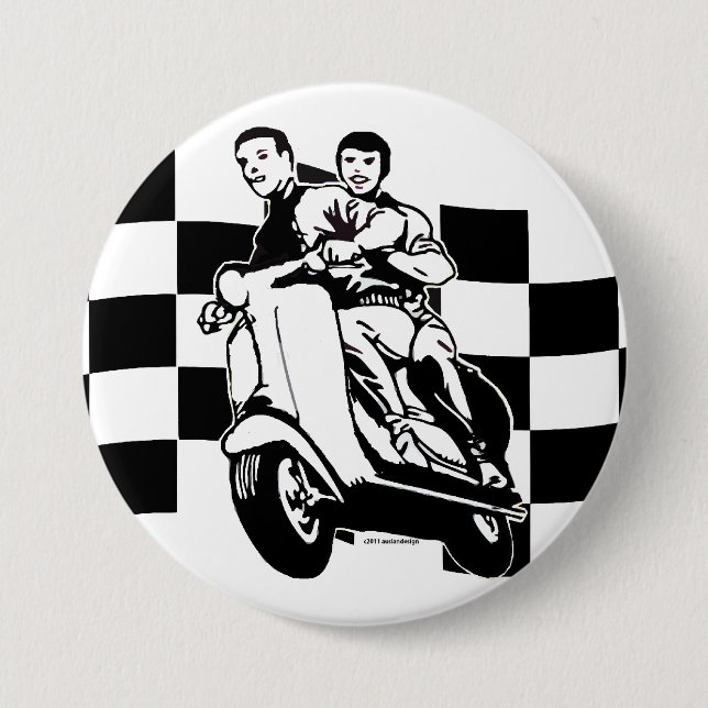 Black and white check scooter riders 7.5 cm round badge (Front)