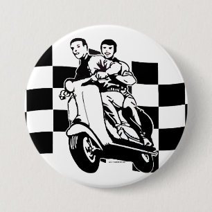 Black and white check scooter riders 7.5 cm round badge