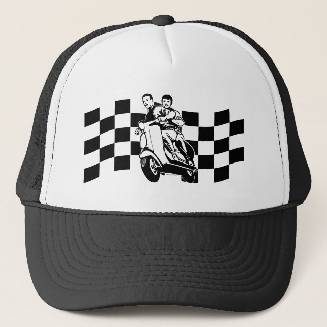 Black and white check scooter riders trucker hat (Front)