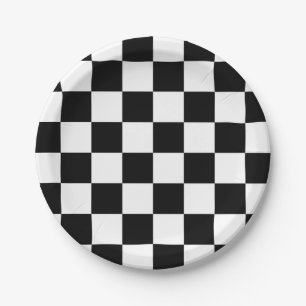 Black and White Checked Check Pattern Paper Plate