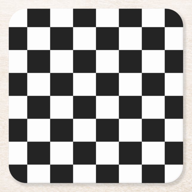 Black and White Checked Check Pattern Square Paper Coaster (Front)