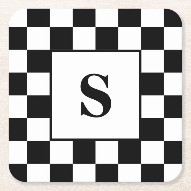 Black and White Checked Check Pattern w/ Initial Square Paper Coaster (Front)