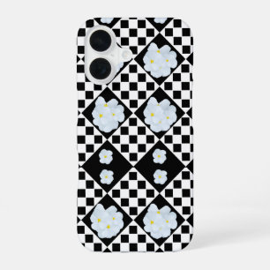 Black and White Checked Pansy Pattern iPhone 16 Case