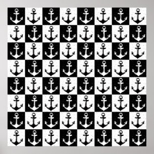 Black and White Checkered Anchor Poster