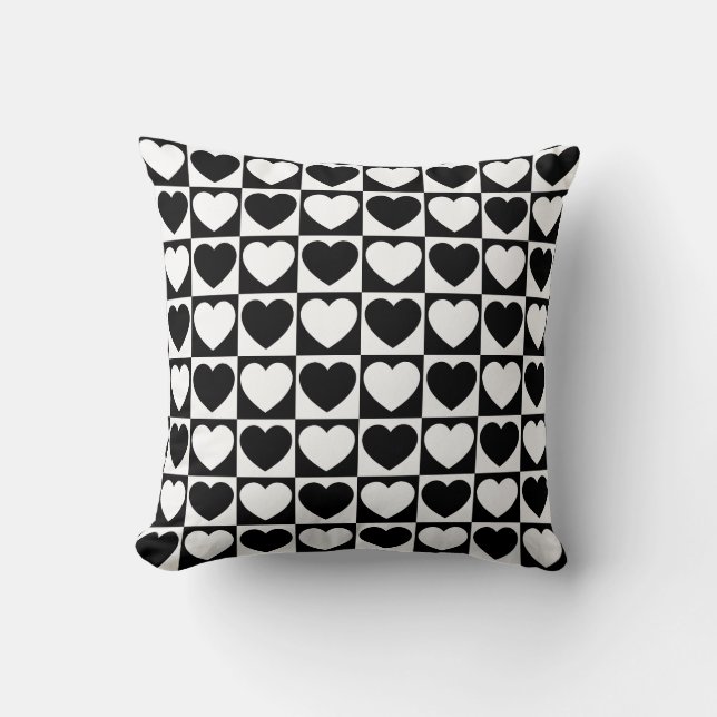 Black and White Checkered Pattern With Hearts Cushion (Front)