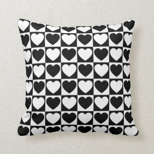 Black and White Checkered Pattern With Hearts Cushion