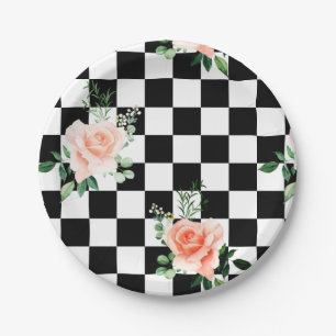 Black and White Checkered & Pink Rose Print Paper Plate