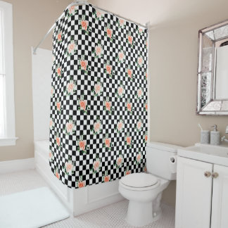 Black and White Checkered & Pink Rose Print Shower Curtain