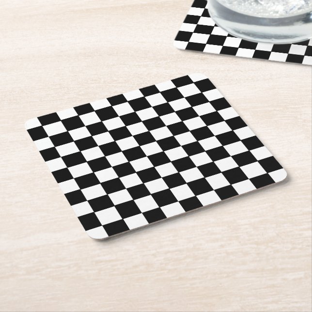Black and White Checkered Square Paper Coaster (Angled)