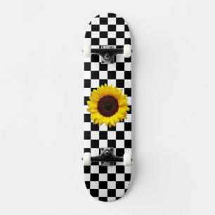 Black and White Checkered & Sunflower Print Skateboard