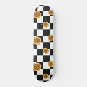 Black and White Checkered & Sunflower Print Skateboard