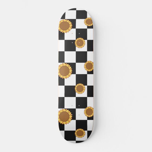 Black and White Checkered & Sunflower Print Skateboard (Front)
