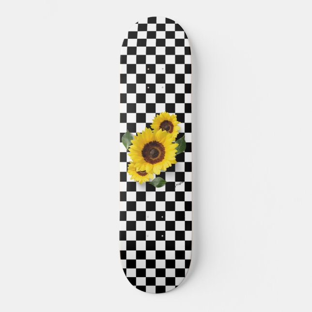 Black and White Checkered & Sunflower Print Skateboard (Front)