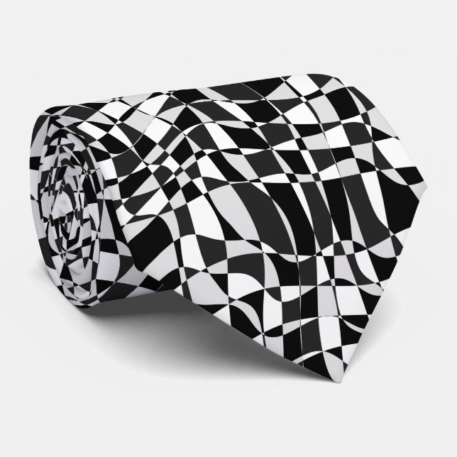Black and White Checkered Warp Pattern Tie (Rolled)