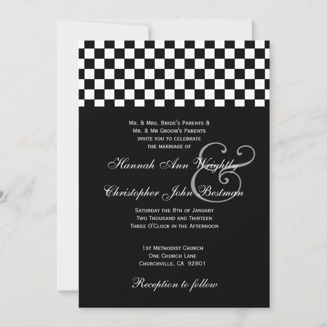 Black and White Checks Wedding Metallic 32 Invitation (Front)