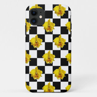 Black and White Checks with Yellow Orchid iPhone 11 Case