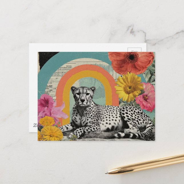Black and White Cheetah Collage Postcard (Front/Back In Situ)