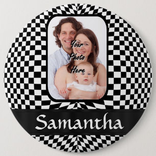 Black and white chequerboard 6 cm round badge