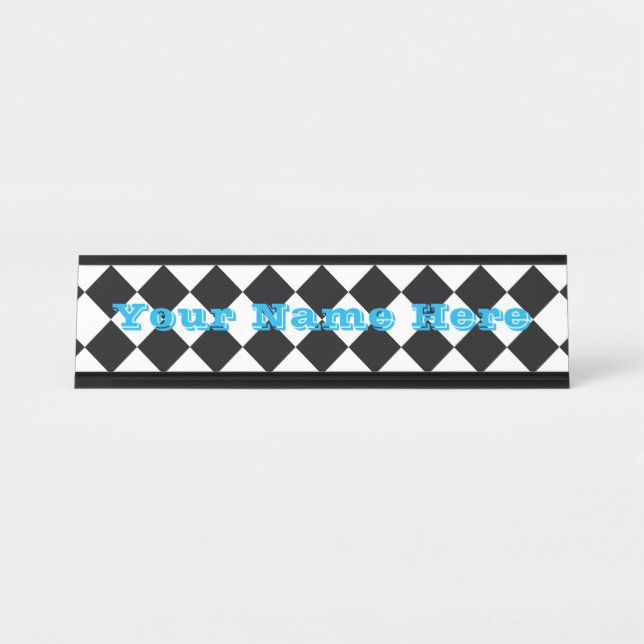 Black And White Chequerboard Chequered Flag Design Desk Name Plate (Front)