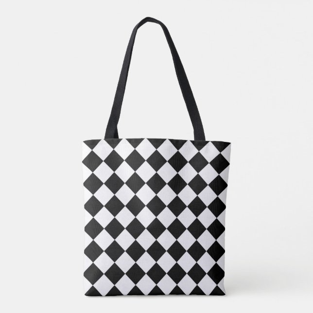Black And White Chequerboard Chequered Flag Design Tote Bag (Back)