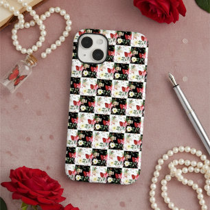 black and white chequerboard chic pink flowers Case-Mate iPhone 14 plus case