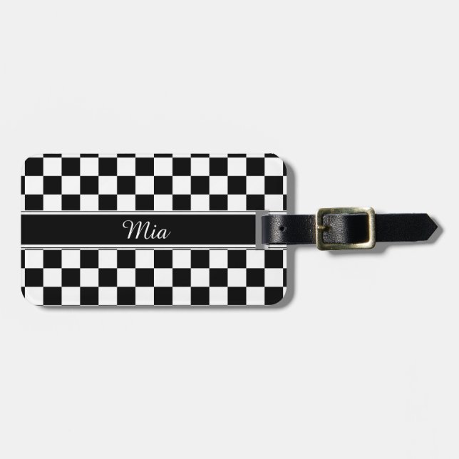 Black and White Chequerboard ID148 Luggage Tag (Front Horizontal)