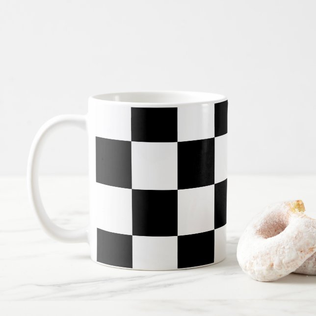 Black and White Chequerboard Pattern  Coffee Mug (With Donut)
