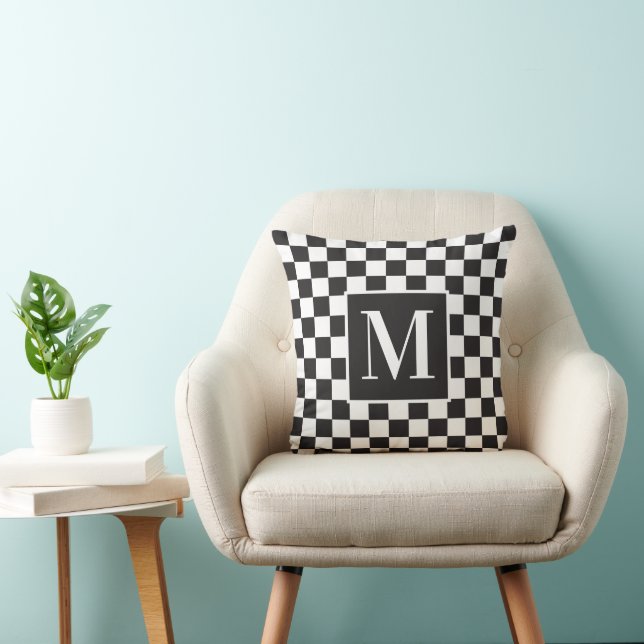 Black And White Chequerboard Pattern Monogram Cushion (Chair)