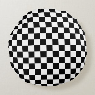 Black and white chequerboard pattern round cushion