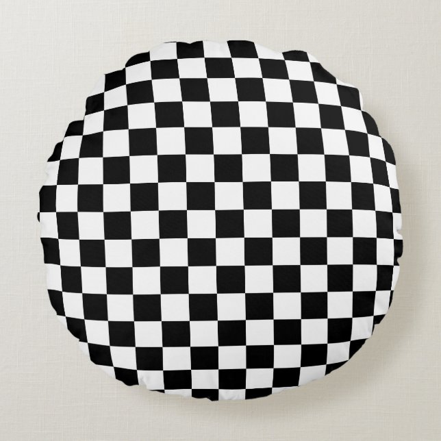 Black and white chequerboard pattern  round cushion (Front)