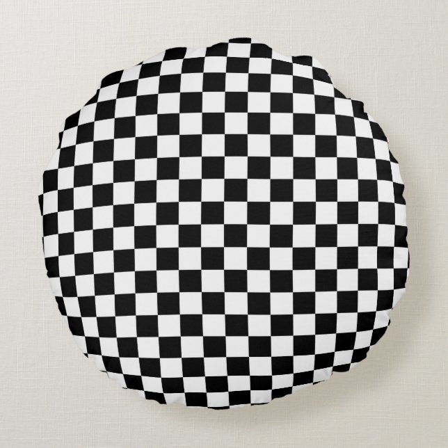 Black and White Chequerboard pattern Round Cushion (Back)