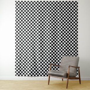 Black and white chequerboard pattern tapestry