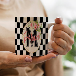 black and white chequerboard pink Floral monogram Coffee Mug