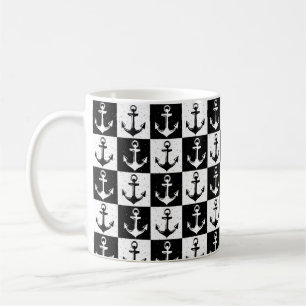 Black and White Chequered Anchor Coffee Mug