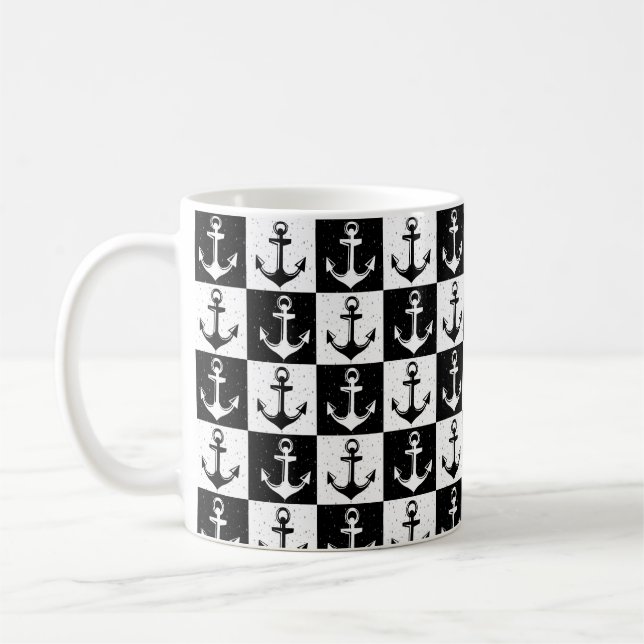 Black and White Chequered Anchor Coffee Mug (Left)
