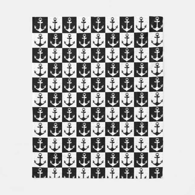 Black and White Chequered Anchor Fleece Blanket (Front)