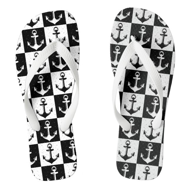 Black and White Chequered Anchor Flip Flops (Footbed)