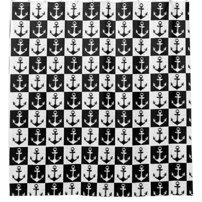 Black and White Chequered Anchor Shower Curtain (Front)