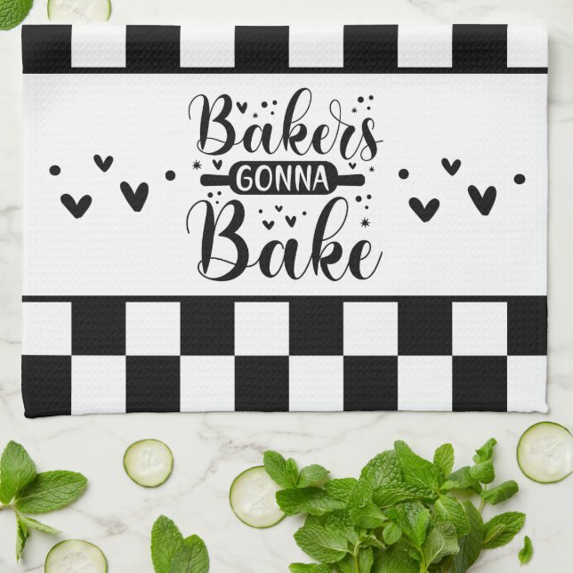 Black and White Chequered Baker's Gonna Bake Tea Towel (Folded)