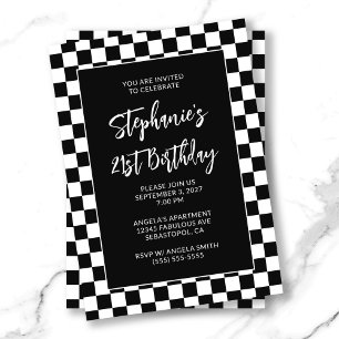 Black and White Chequered Bold 21st Birthday Invitation