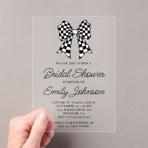 Black and White Chequered Bow Bridal Shower Acrylic Invitations