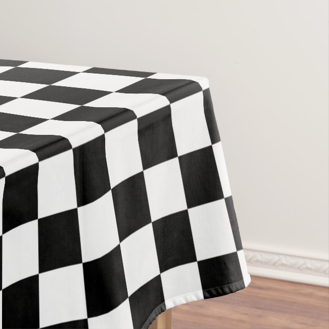 Black and white chequered check cotton dining tablecloth (In Situ)