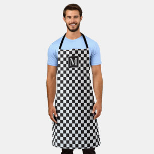 Black And White Chequered Chequerboard Monogram Apron