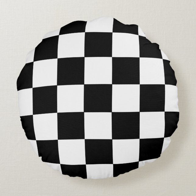 Black And White Chequered Chequerboard Pattern Round Cushion (Back)