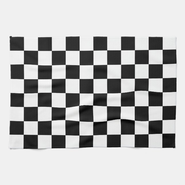 Black and White Chequered Chess Retro Tea Towel (Horizontal)