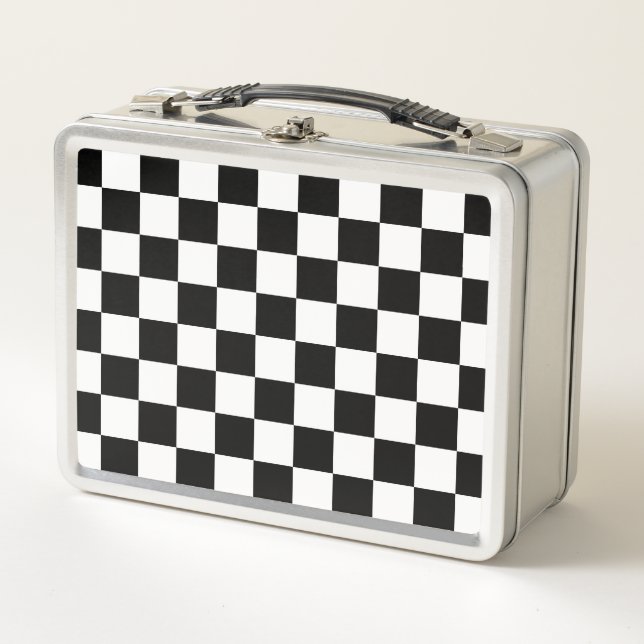 Black and White Chequered Classic Pattern Metal Lunch Box (Front)