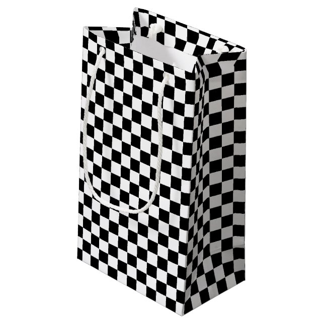 Black and White Chequered Design Small Gift Bag (Back Angled)