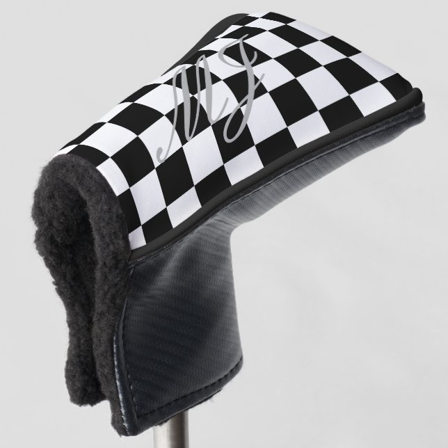 Black and white chequered flag golf putter cover (3/4 Front)