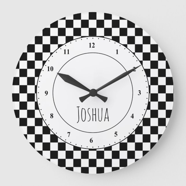 Black and White Chequered Flag Large Clock (Front)
