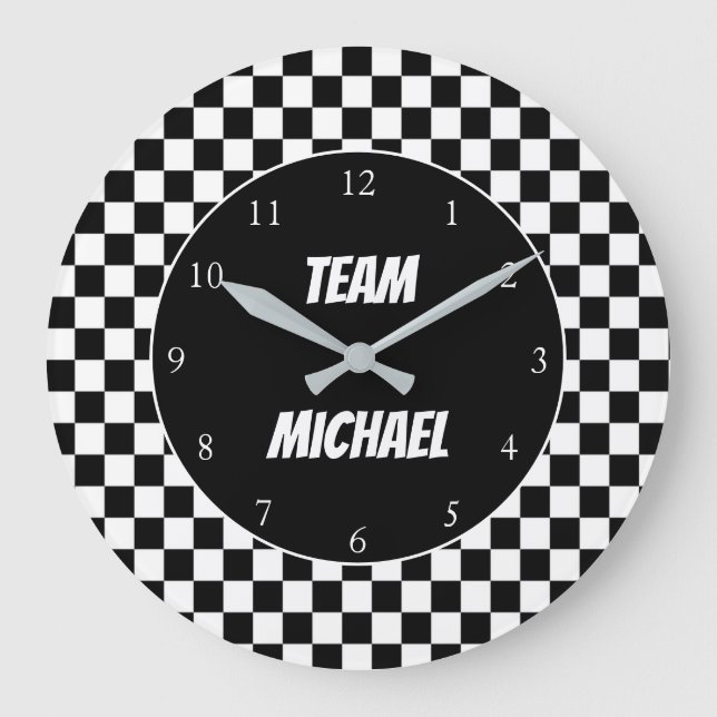 Black and White Chequered Flag Racing Personalised Large Clock (Front)